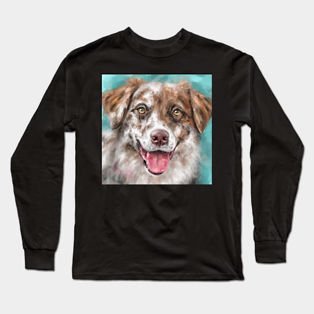 An Expressive Painting of a Brown and White Australian Shepherd Smiling Long Sleeve T-Shirt by ibadishi